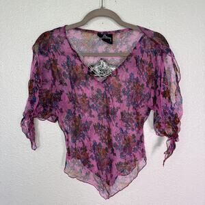 Angie Y2K Top Womens Medium Floral Sheer Boho Beaded Blouse Festival Flowy NEW